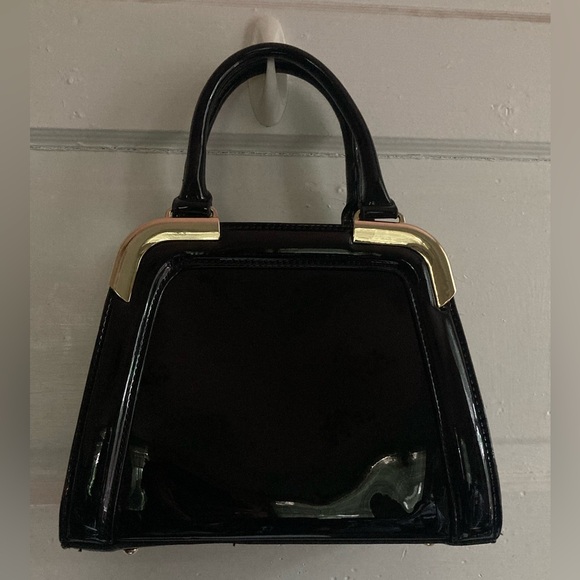Vintage Black Patent Leather Satchel Bag with Gold Details - Picture 2 of 15